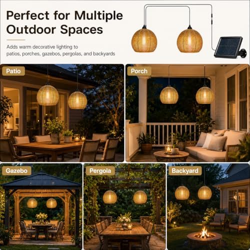 Rattan Solar Lanterns Outdoor, Solar Powered Hanging Lamp with Remote Control, 16.4FT Cord, Warm Outdoor Pendant Light for Patio, Porch, Gazebo, Pergola, Garden (2 Pcs Grey) - Image 6