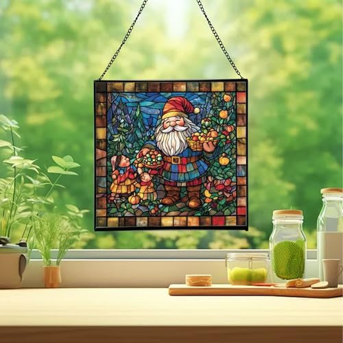 Gnome with Seasonal Celebration Stained Glass Suncatcher – Square Hanging Window Panel for Home, Garden, Nursery, Halloween, Christmas, Memorial Day – Whimsical Glass Art Gift for Gnome Lovers aovxtp - Image 2