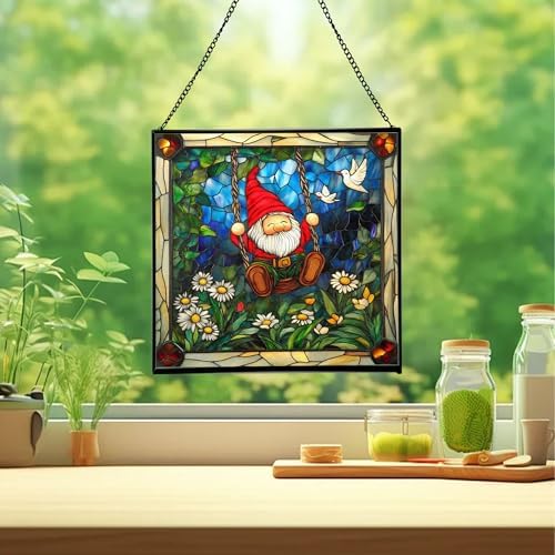 Swinging Garden Gnome Stained Glass Suncatcher – Square Hanging Window Panel for Home or Greenhouse – Whimsical Glass Art Gift for Garden Lovers, Christmas, Halloween, Father Days 1qxQ97 - Image 2