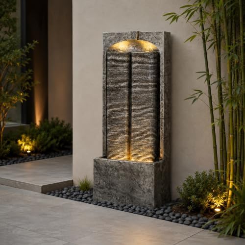 39 Inch Slate Textured Wall Water Fountain with LED Lights, Weatherproof Resin Fiberglass Freestanding Cascading Water Feature Out Patio for Backyard Indoor Entryway Decor by XUOXFUTZIG