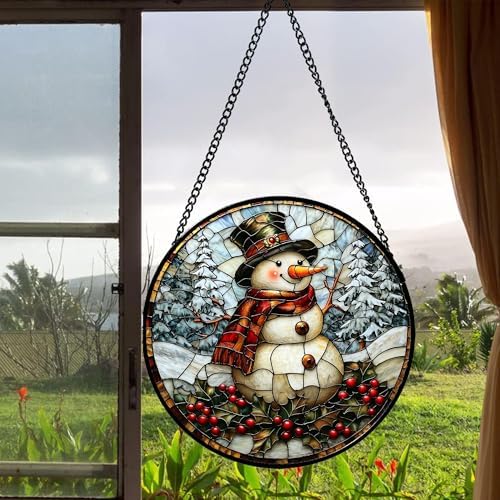 Stained Glass Window Hanging - Christmas Snowman Suncatcher for Door Terrace Garden Home Decor Winter Forest Snow Sun Catcher Birthday Gifts for Lovers Women Men Dad Mom Nana 11.8 in - Image 5