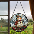 Stained Glass Window Hanging - Christmas Snowman Suncatcher for Door Terrace Garden Home Decor Winter Forest Snow Sun Catcher Birthday Gifts for Lovers Women Men Dad Mom Nana 15 in - Image 4