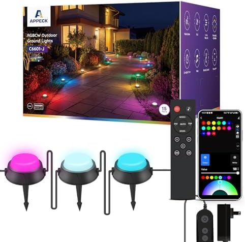 APPECK Outdoor Ground Lights 15 Pack, 32FT RGBCW Pathway Lights Wired by APPECK