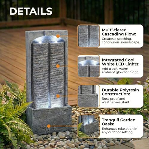39" Modern Outdoor Water Fountain with LED Lights, Freestanding Waterfall - Image 6