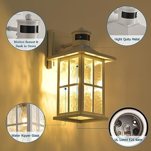 Motion Sensor Outdoor Wall Light White Dusk to Dawn Exterior Porch Lantern - Image 3