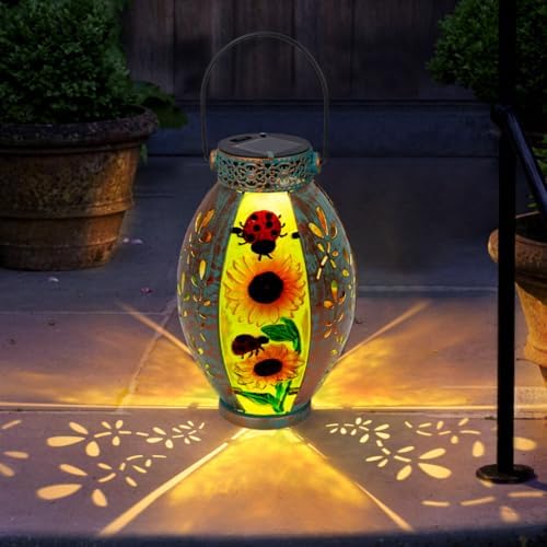 2 Pack Sunflower Solar Lantern,Retro Solar Lanterns Outdoor Waterproof,Stained Glass & Metal Hanging Solar Lantern,LED Tabletop Lamp Solar Lights,Sunflower Outdoor Solar Lanterns for Pathway - Image 2