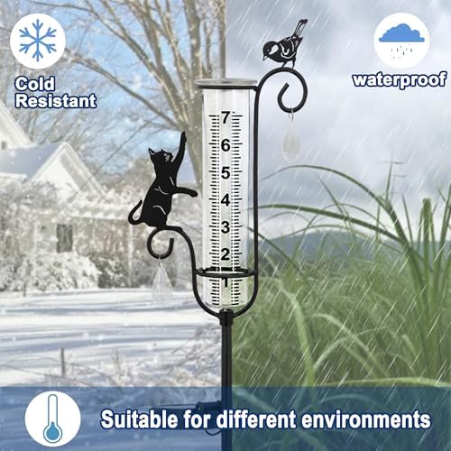 33in Solar Cat Bird Rain Gauge Metal Garden Stake Black Sculpture Decor - Image 5