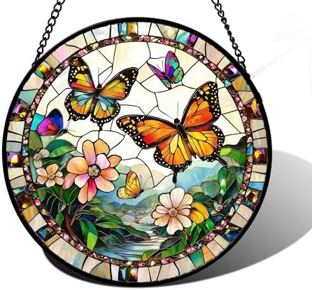 Butterflies and Flowers Stained Glass Window Hanging Suncatcher Gifts 12" by DASTOLL