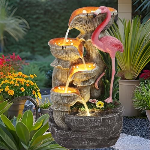 5 Tier Outdoor Indoor Water Feature Fountain, Flamingo Ornamental Cascading Waterfall with 5 LED Lights for Garden, Deck, Backyard, Patio by USSerenaY