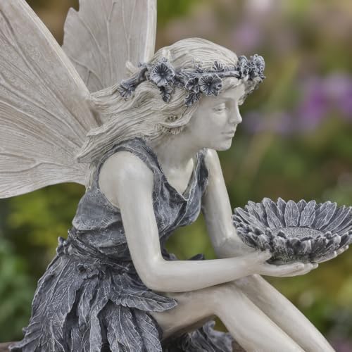 Resin Fairy Bird Feeder Statue, Sitting Winged Girl Garden Figurine with Flower-Shaped Bowl, Gray Outdoor Yard Patio and Porch Decor, 1 Pack - Image 4