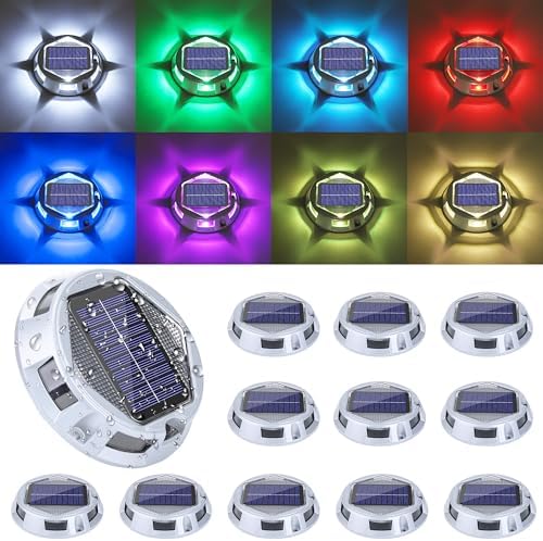Solar Deck Light Outdoor, 12 Pack 9 Colors in 1 Solar Driveway Dock Lights, IP67 Waterproof Solar Powered Outdoor Light, RGB Step Lights for Outside Garden Yard Fence Stair Sidewalk Pathway Walkway by LYHOPE