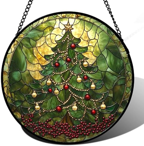 Stained Glass Window Hanging - Retro Green Christmas Tree Suncatcher for Doors Home Christmas Decoration Sun Catcher Thanksgiving New Year Birthday Gifts for Women Men Mom Nana 15 in by JOSUMALY