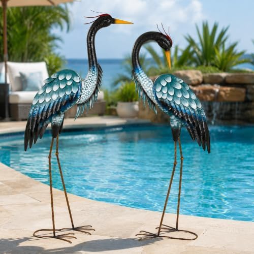 3.7ft Tall Blue Heron Metal Yard Art, XL Crane Statue Decor, S/2 - Image 4