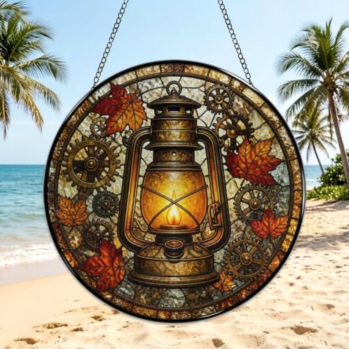 Autumn Lantern Gears Stained Glass Suncatcher 11.8" Colorful Window Hanging Ornament, Sun Catcher Decor for Bathroom Front Door Living Room Home Wall Garden - Image 3