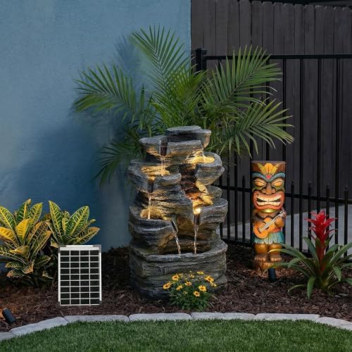 Solar Rock Waterfall Fountain Outdoor, Resin Cascading Garden Water Feature with Multi-Stream Flow for Patio Backyard Yard Décor, Solar Water Fountain - Image 2