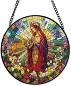 Maria in Flower Crown Circle Suncatcher Window Hanging Handmade Stained Glass Suncatchers Decoration with Metal Chain Outdoor Garden Decor Gift for Women Christmas Thanksgiving 9.8 Inch by Unknown