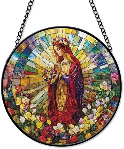 Maria in Flower Crown Circle Suncatcher Window Hanging Handmade Stained Glass Suncatchers Decoration with Metal Chain Outdoor Garden Decor Gift for Women Christmas Thanksgiving 9.8 Inch by Unknown