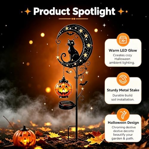 Solar Halloween Black Cat & Pumpkin Moon Metal Garden Stake Light, Waterproof Solar Outdoor Decor, Auto Dusk Light Ornament for Yard Lawn Patio Pathway - Image 7
