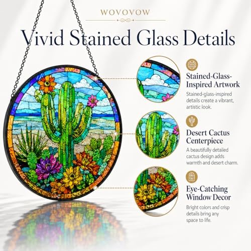 Cactus Glass Suncatcher Window Hangings, Desert Plant Stained Glass Decor, Green Succulent Sun Catcher for Room Balcony, Plant Lover Gift 11.8 - Image 3