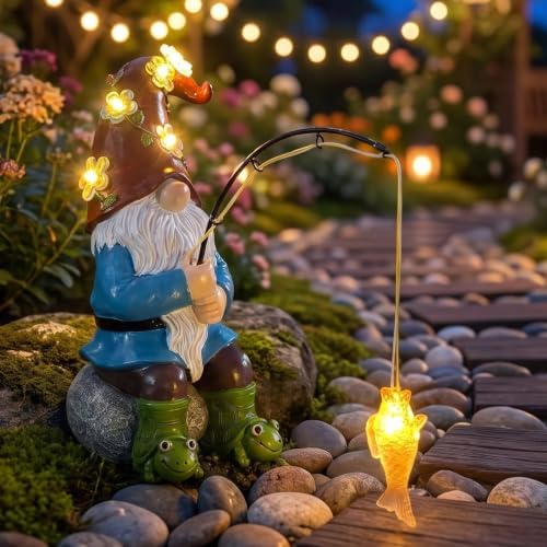 Solar Fishing Gnome Garden Decor Statue, Solar Powered Warm LED Lighted Gnome with Floral String Lights on Hat & Glowing Fish, Cute Outdoor Figurine for Patio Yard Pathway Lawn Decoration - Image 2