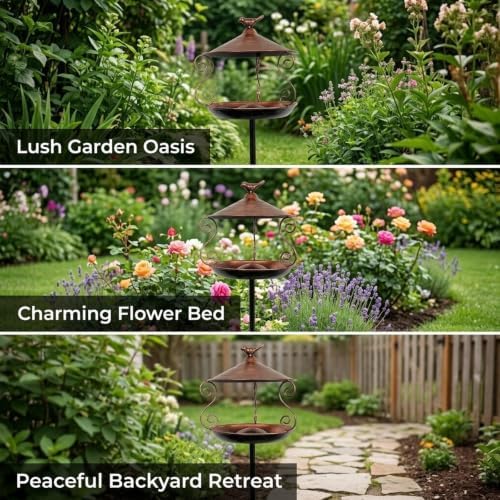 Bird Feeder Standing Bird Bath Feeding Station Iron Birdbath Feeding Bowl Stake Weatherproof Decorative Installation Suitable for Lawn Yard Garden, Copper Color - Image 2