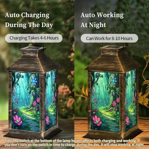 Solar Lantern Stained Glass Window Forest Clearing Light Scene Outdoor Waterproof Garden Hanging Lantern Solar Powered Lighting Outside Table Lamp for Patio Deck Camping 1 Pack - Image 3