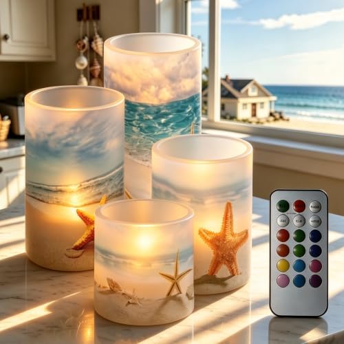 LED Flickering Candles Battery Operated Candles Set of 4 with Remote Control Timer Dancing Flame Pillar Candles Home Table Coastal Decoration, Beach Coastal by NETILGEN