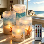 LED Flickering Candles Battery Operated Candles Set of 4 with Remote Control Timer Dancing Flame Pillar Candles Home Table Coastal Decoration, Beach Coastal by NETILGEN