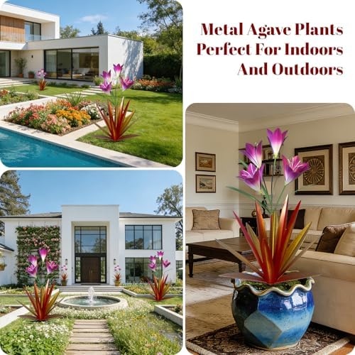 TOMBABY 32.28 Inch Metal Agave Plant Outdoor Decoration Lily Mexican Yard Art Garden Gift Home Decor Hand Painted Metal Agave Garden Yard Statue (2pc, Red) - Image 5