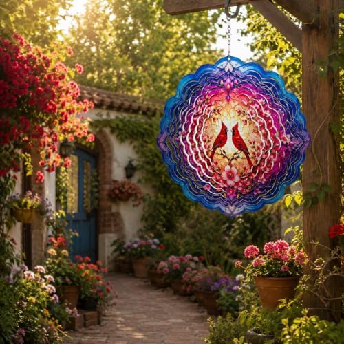 Shwing Wind Spinner 12 Inch Cardinal Bird Wind Spinner Hanging Wind Sculptures Red Cardinal Floral Mandala Metal Ornament Outdoor Kinetic Garden Art for Patio Porch Garden Spring Decoration - Image 4