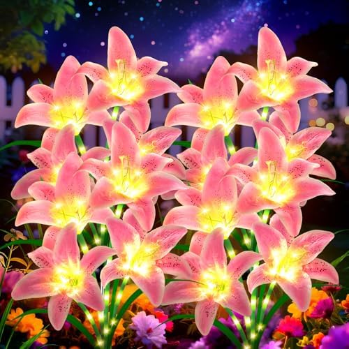 Solar Lights Outdoor, Gift for Women Mom Grandma Wife Daughter, 4 Pack 16 Solar Pink Lily Flower Lights, Solar Flower Lights Waterproof, Outside Decor Stake Light for Landscape Yard Patio Lawn Garden by stadeco