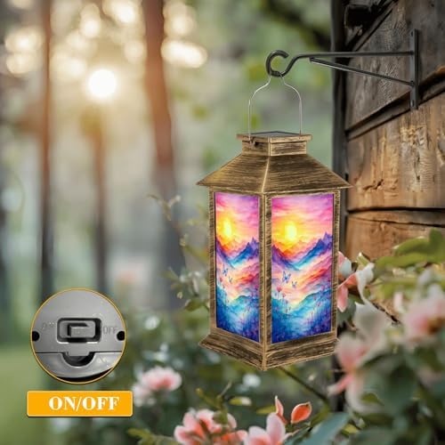 Solar Lantern Outdoor Waterproof Colorful Abstract Watercolor Wildflower Aesthetic Landscape Mountain Garden Decor LED Solar Lights Hanging/Tabletop Lamp Gifts for Women Mom for Outside Yard Patio - Image 5