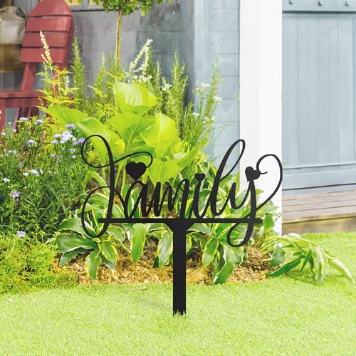 Metal Family Sign Garden Stake Decorative, Script Lettering with Heart Accents Silhouette Statues for Yard Art, Outside, Patio, Outdoor Decor, Garden Decorations, Lawn Ornaments - 18" Black - Image 3