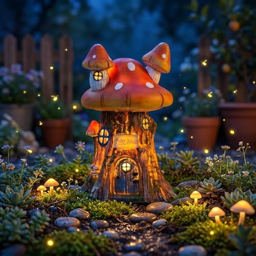 COWOS Mushroom House Sculptures, Collection of Resin Garden Sculptures, Resin Fairy House Statue, Solar Fairy Garden Figurine with Warm White Light Mushroom for Outdoor, Lawn, Yard Decoration by COWOS