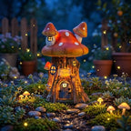 COWOS Mushroom House Sculptures, Collection of Resin Garden Sculptures, Resin Fairy House Statue, Solar Fairy Garden Figurine with Warm White Light Mushroom for Outdoor, Lawn, Yard Decoration by COWOS