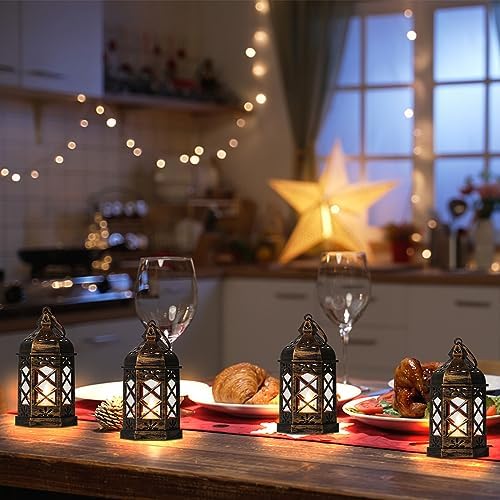 Mini Lantern Decorative, 12Pcs Small Lanterns with LED Candle, Ramadan Decorations, Hanging Vintage Moroccan Lantern Bulk for Easter Wedding Xmas Party Table Centerpiece, Brushed Brass - Image 5