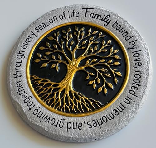 VEOJEIN Family Tree Garden Stepping Stone, 9.45 Inch Round, Gold Tree of Life Design, Weather-Resistant Outdoor Decor by VEOJEIN
