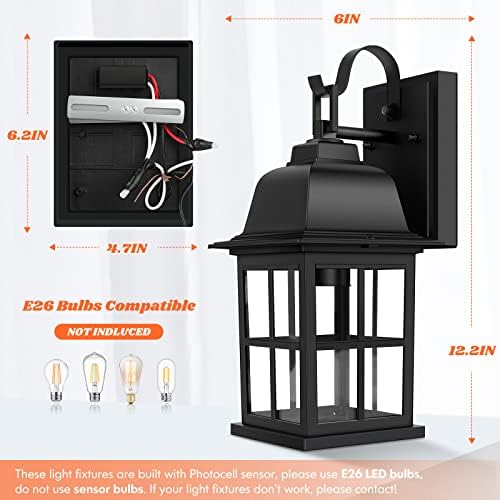2-Pack Dusk to Dawn Outdoor Wall Lights, Exterior Light Fixtures with Photocell, 100% Anti-Rust Aluminium Outside Black Wall Lanterns, Waterproof Outdoor Wall Sconces for Porch Patio House Garage - Image 4