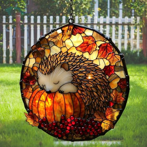 Hedgehog Sleeping on Pumpkin Acrylic Suncatcher by AVAGAN