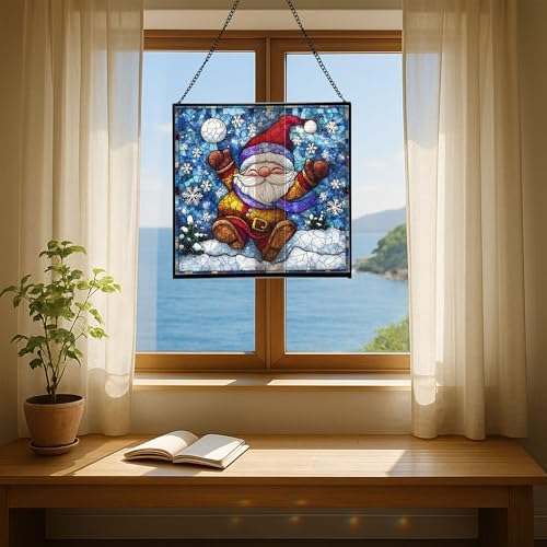 Snowball Gnome Joy Stained Glass Suncatcher – Square Hanging Window Panel for Home or Greenhouse – Whimsical Glass Art Gift for Garden Lovers, Christmas, Halloween, Father Days FU1p6u - Image 6