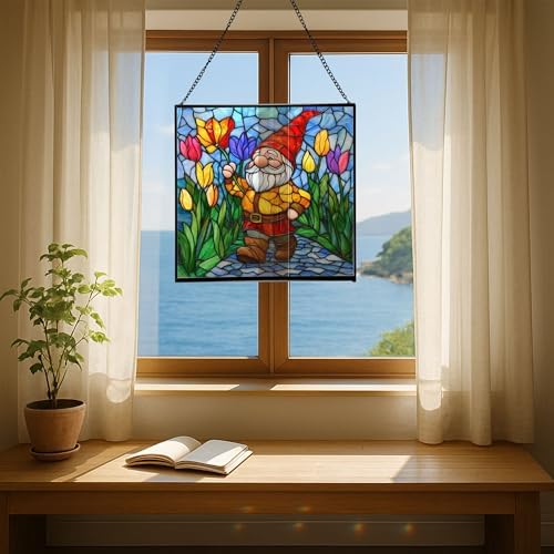 Gnome with Tulip Parade Stained Glass Suncatcher – Square Hanging Window Panel for Home or Greenhouse – Whimsical Glass Art Gift for Garden Lovers, Christmas, Halloween, Father Days ScCBi1 - Image 6