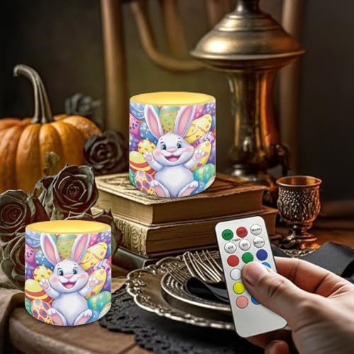 Pack of 4 Flameless Candles with Timer Battery Operated Candles with Remote, Easter Eggs Cartoon Bunny Print LED Pillar Tea Lights for Easter Day Patio Banquet Home Decoration - Image 4