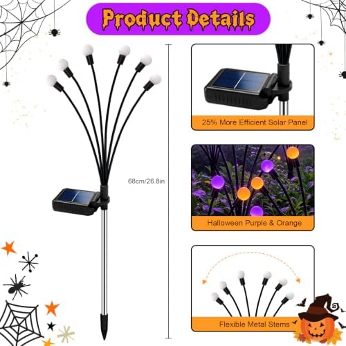 VOOKRY 4 Pack Halloween Decorations Outdoor, 24 LED Solar Firefly Lights Outdoor Waterproof Swaying Scary Solar Halloween Lights for Yard Garden Pathway Lawn Party Decor, Orange & Purple - Image 2