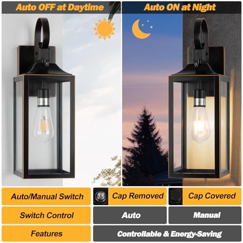 19" Dusk to Dawn Outdoor Lighting Porch Lights Black with Gold Trim 2 Pack - Image 3