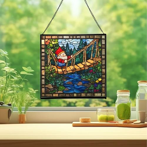 Gnome with Rope Bridge Stained Glass Suncatcher – Square Hanging Window Panel for Home, Garden, Nursery, Halloween, Christmas, Memorial Day – Whimsical Glass Art Gift for Gnome Lovers s5xfyb - Image 2