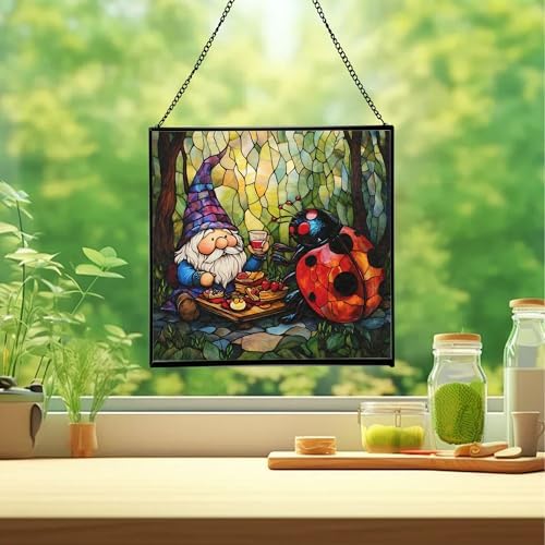 Lady.Bug Picnic Gnome Stained Glass Suncatcher – Square Hanging Window Panel for Home or Greenhouse – Whimsical Glass Art Gift for Garden Lovers, Christmas, Halloween, Father Days YBksu9 - Image 2