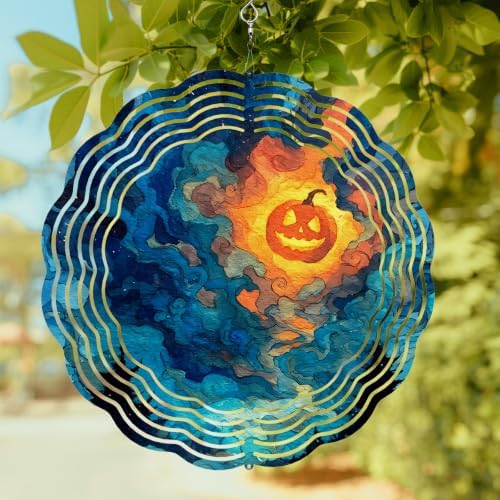 12 Inch Halloween Wind Spinner for Yard and Garden, Blue Night Sky Mystical Glowing Pumpkin Hanging Ornaments Outdoor 3D Kinetic Wind Sculpture Spinners Indoor Outdoor Patio Décor Ornaments Gift - Image 2