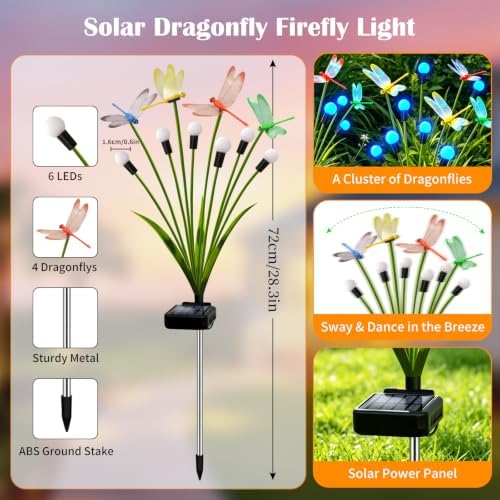 VOOKRY Dragonfly Solar Garden Lights Outdoor (8 Pack, 48 LEDs), Dragonfly Outdoor Decor with Solar Firefly Lights Waterproof Swaying Light for Yard Patio Pathway Lawn Gardening Gift for Women, Blue - Image 2