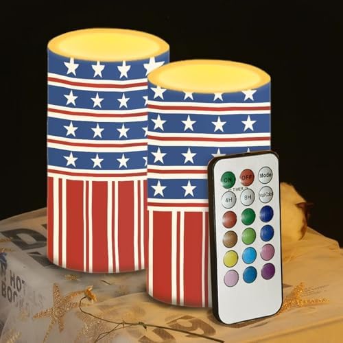 Set of 2 Independence Day Flags Flameless Candles with Remote Outdoor Battery Operated Candles with Timer Flickering LED Pillar Lights for 4th of July USA Patriotic Decoration - Image 4