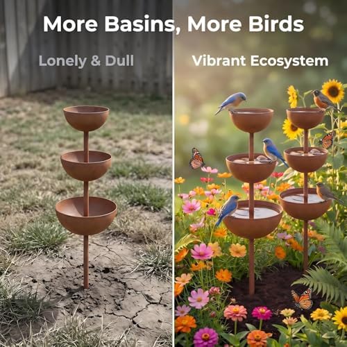 Water Barrels Rain Catcher from Gutter - Metal Flower Garden Stakes Bird Bath, 3-Tier Butterfly Feeder and Bird Water Bowl, Faux Rust Iron Garden Accessories Outdoor for Butterfly Garden Decor (3) - Image 2